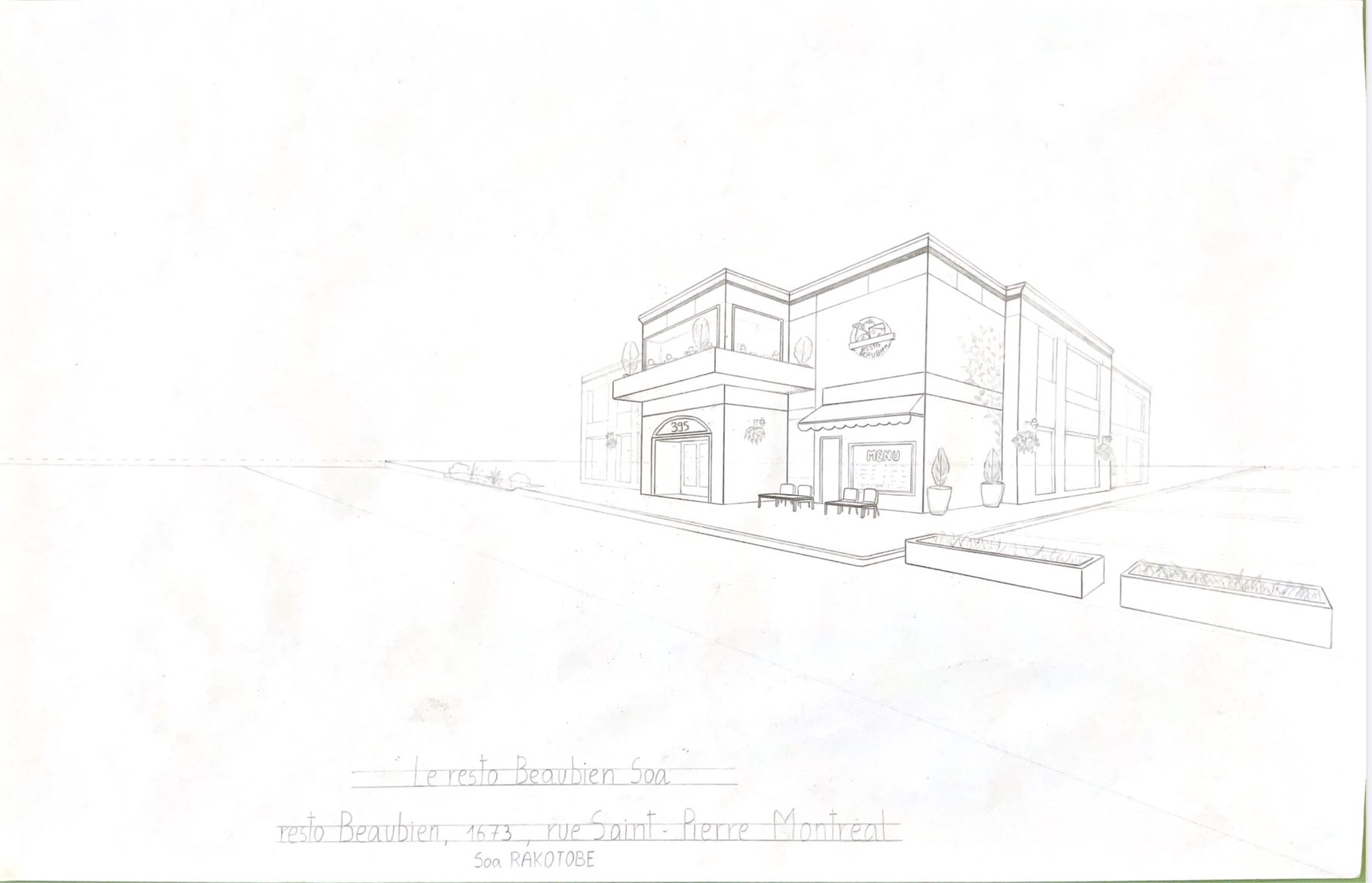 Two-point perspective drawing illustrating the conversion of an existing building into a future restaurant