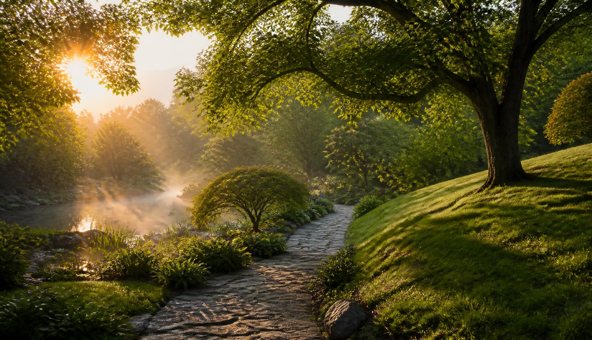 A misty garden path at golden hour